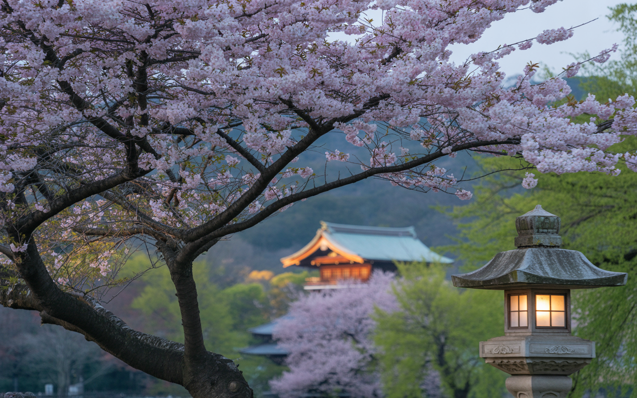 Cherry blossom trees in full bloom in a peaceful Tokyo park with traditional Japanese architecture in the background, captured in soft natural light